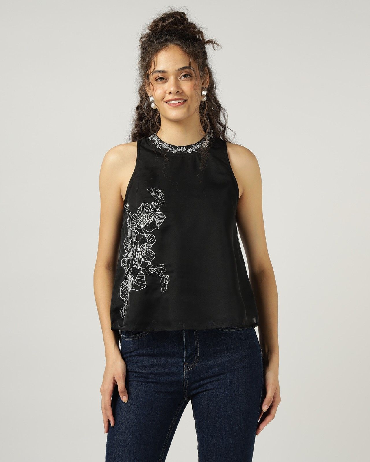 BLACK HALTER NECK ORGANZA TOP WITH FLORAL EMBROIDERY